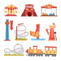 Amusement park elements set, funfair attraction colorful cartoon vector Illustrations Royalty Free Stock Photo