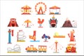 Amusement park elements set, funfair attraction colorful cartoon vector Illustrations Royalty Free Stock Photo