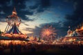 Amusement park in the evening. Carousels and fairground rides, Colorful summer carnival at dusk, AI Generated Royalty Free Stock Photo