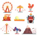 Amusement park with family attractions set of colorful cartoon vector Illustrations Royalty Free Stock Photo