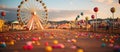 Amusement park with Ferris wheel and colorful balloons at sunset