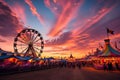 Amusement park with ferris wheel and colorful sky at sunset, AI Generated Royalty Free Stock Photo