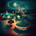 Amusement park with ferris wheel and fairground at night