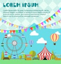 Amusement park, ferris wheel, festival, carnival, balloon. Tent on the market. Farm products, lemonade, lemons in wooden box.