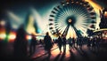 Amusement park with ferris wheel and people silhouettes.