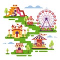 Amusement park flat elements with carousels, waterslides, balloons, inflatable trampoline castle, ferris wheel, mobile Royalty Free Stock Photo