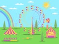 The amusement park flat style. A Ferris wheel, a merry-go-round with horses and a swing. Sunny weather with a rainbow. Vector