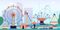 Amusement park. Fun fair, circus entertainment or carnival. Recreation with roller coaster and ferris wheel. Vector