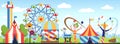 Amusement park. Fun park vector theme, kids carnival entertainments daytime, children amusing attractions cartoon