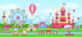 Amusement park with funfair attractions, carnival fairground rides. Cartoon circus tent, children castle, rollercoaster