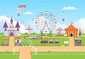 Amusement park. funny outdoor entertainment attractions for kids festival city roller coaster circus tent sky balloons