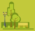 Amusement park green landscape stret lights and bench vector flat design