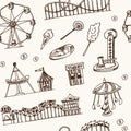 Amusement park hand drawn doodle seamless pattern. Sketches. Vector illustration for design and packages product. Symbol