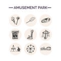 Amusement park hand drawn doodle set. Sketches. Vector illustration for design and packages product. Symbol collection