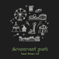 Amusement park hand drawn doodle set. Sketches. Vector illustration for design and packages product. Symbol collection