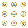 Amusement park icon set, cartoon style