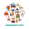 Amusement park icons round concept