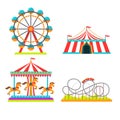 Amusement park illustration of attractions rides, circus tent, merry-go-round carousel and observation wheel or roller Royalty Free Stock Photo