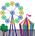 Amusement Park Illustration with Spinners-like Ferris Wheel and Tent