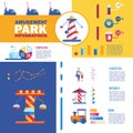 Amusement park infographics, vector illustration. Fairground business presentation with flat icons, statistics data in Royalty Free Stock Photo