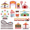 Amusement park isolated icons. Vector flat illustration of circus tent, carousel, ferris wheel. Carnival design elements Royalty Free Stock Photo