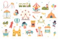 Amusement park isolated objects set. Collection of carousels and attractions, roller coasters, popcorn, clown, children, cotton Royalty Free Stock Photo