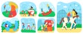 Amusement park for kids fun and recreation with attractions set of vector illustrations. Children ride on carousels Royalty Free Stock Photo