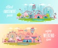 Amusement park landscape banners with carousels, roller coaster and air balloon. Royalty Free Stock Photo