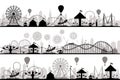 Amusement park landscape. Carnival roller coasters silhouettes, festive carousel and ferris wheel parks vector Royalty Free Stock Photo