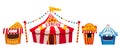 Amusement park, a landscape with a circus, carnival, attraction and entertainment, ice cream stall, waffles, ticket