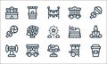 amusement park line icons. linear set. quality vector line set such as coffee, roll o plane, popcorn cart, theater, lollipop,