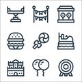amusement park line icons. linear set. quality vector line set such as dartboard, balloons, castle, bumper boats, lollipop,
