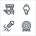 Amusement park line icons. linear set. quality vector line set such as dartboard, fireworks, ice cream