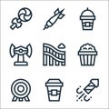 amusement park line icons. linear set. quality vector line set such as fireworks, coffee, dartboard, popcorn, water slide, roll o