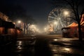 Amusement park at night with ferris wheel in the fog, An eerie scene of a deserted carnival at midnigh, AI Generated Royalty Free Stock Photo