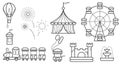 Amusement park outline icon set. Ferris wheel, circus, rides, balloon, bouncy castle, train, fireworks, fountain Royalty Free Stock Photo