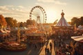 Amusement park with people and ferris wheel at sunset, Beer tents and fairground rides on the Oktoberfest in Munich, AI Generated