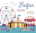 Amusement park poster with circus, ferris wheel, cotton candy and ice cream booth. Cartoon tiny people have fun together Royalty Free Stock Photo