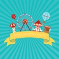 Amusement park retro vector illustration. Carousels. Slides and swings, ferris wheel attraction and air baloon cartoon Royalty Free Stock Photo