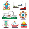 Amusement Park Ride. Set of Attractions. Vector