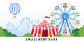 Amusement park with rides and carousels. Vector flat illustrations. Royalty Free Stock Photo