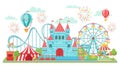 Amusement park. Roller coaster, festival carousel and ferris wheel attractions isolated vector illustration