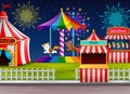 Amusement park scene with circus tent and firework Royalty Free Stock Photo