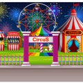 Amusement park scene with circus tent and firework Royalty Free Stock Photo