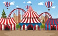 Amusement park scene with ferris wheel and circus dome