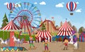 Amusement park scene with ferris wheel and circus dome