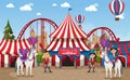 Amusement park scene with ferris wheel and circus dome