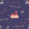 Amusement park seamless pattern with inflatable swan and ship ride.