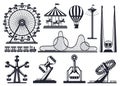 Amusement park silhouette. Attractions festive park carousel and ferris wheel. Carnival park attractions silhouettes