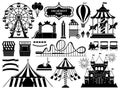 Amusement park silhouette. Carnival parks carousel attraction, fun rollercoaster and ferris wheel attractions vector icons set